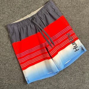 Hurley Mens Board Shorts Medium Red Blue Ombre Striped Swim Trunks Elastic Waist